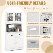 Tall Storage Cabinet, Freestanding Kitchen Pantry w/Microwave Stand & 2 Drawers, Adjustable Shelves, Tempered Glass Doors, Cable Hole for Living Room, Dining Room (White)