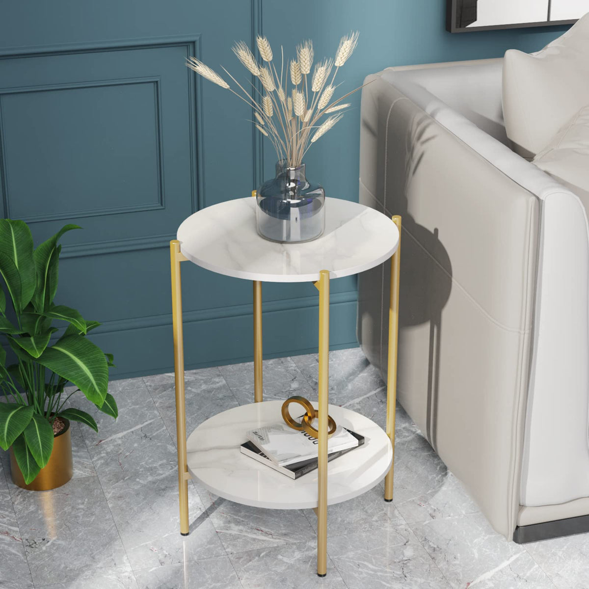 2-Tier Sintered-Stone Side Table – White & Gold