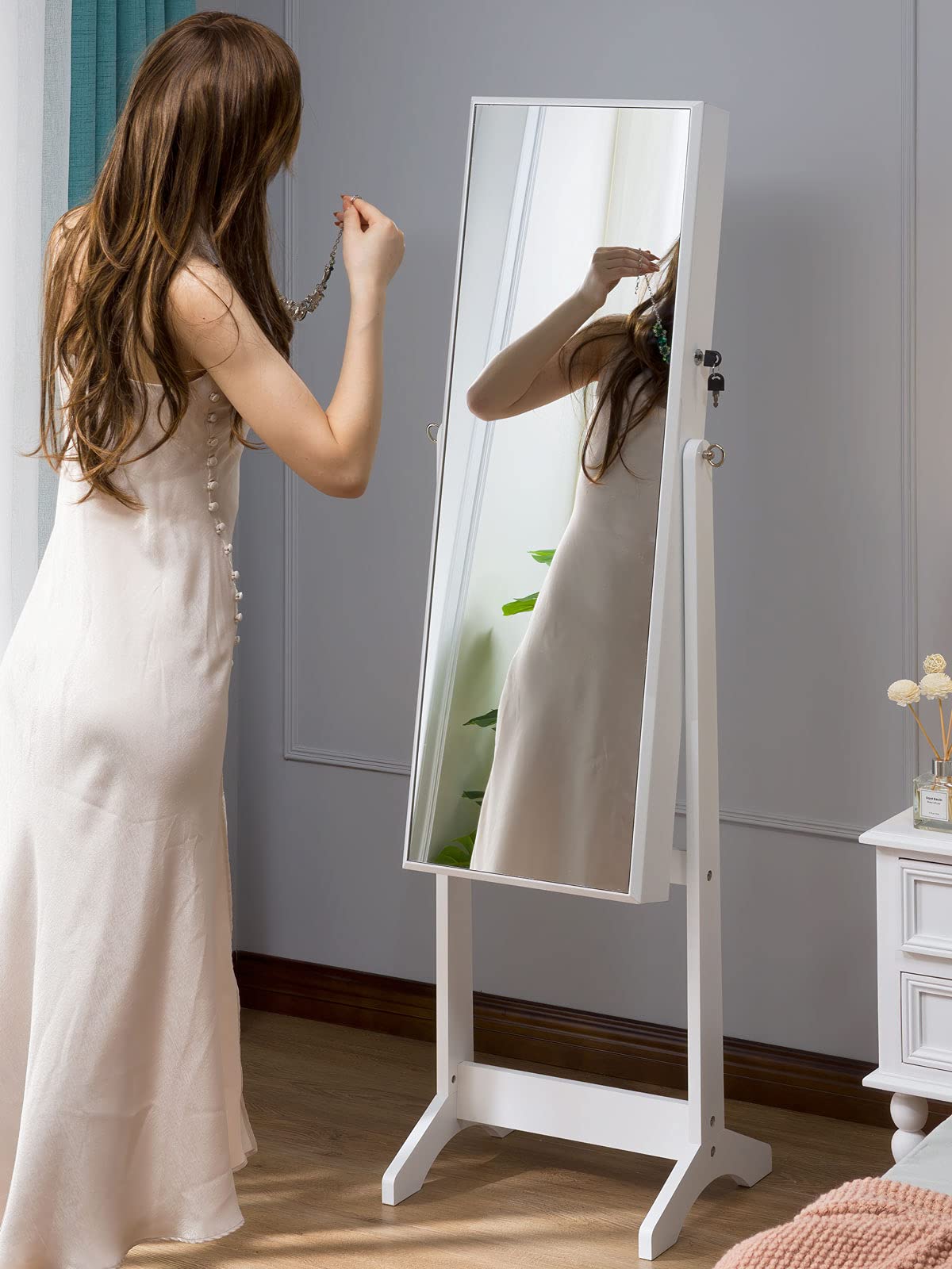 LUXFURNI White Lockable Full-Length Mirror Jewellery Armoire