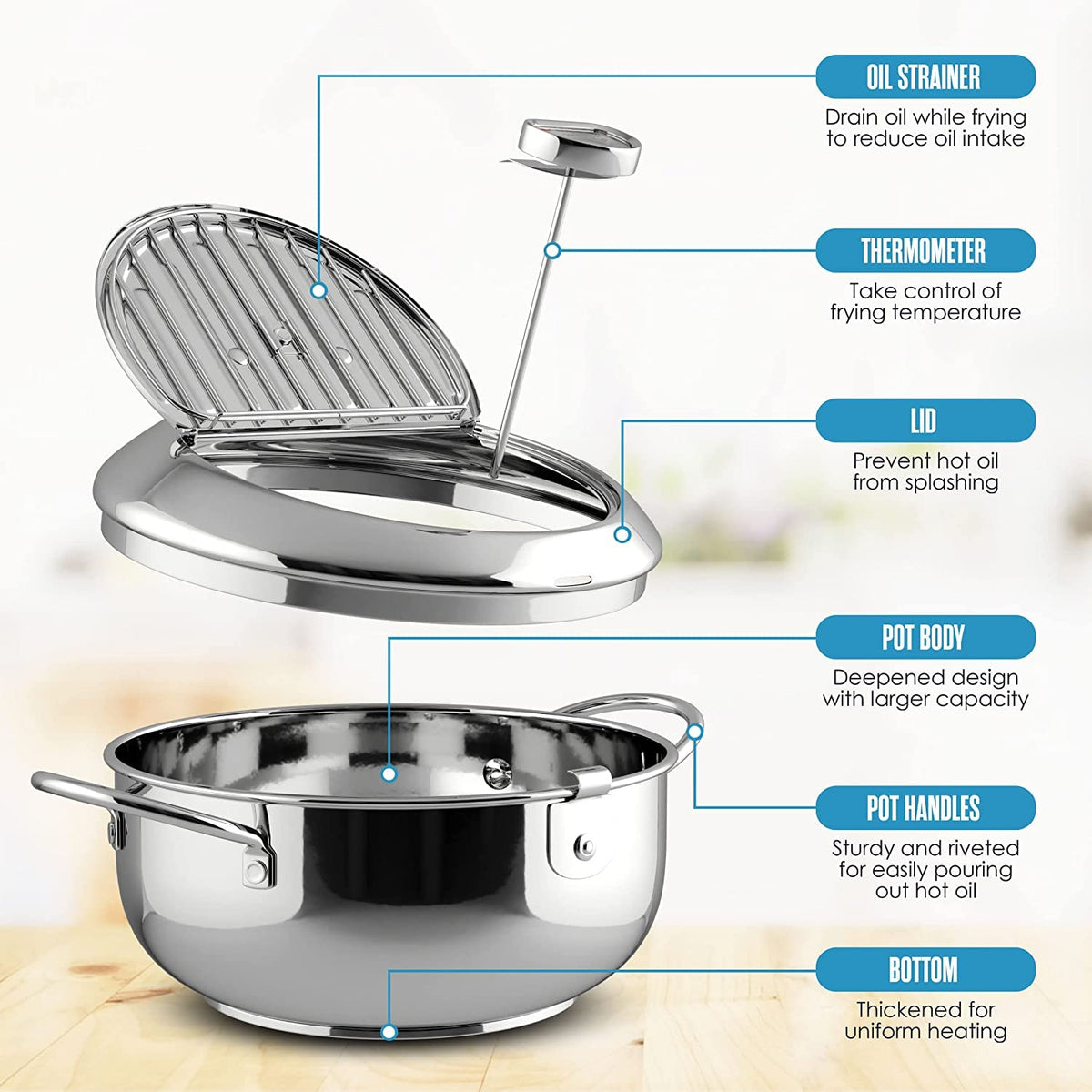 28 cm Stainless-Steel Deep-Fryer Pot with Thermometer – 4.2 L