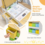 Kids Table and Chairs Set, 2 in 1 Wooden Art Table & Easel Set for Children with 2 Chairs, 6 Storage Bins, Paper Roller, Paint Box, Toddler Table Chairs Set for Playing Painting Learning