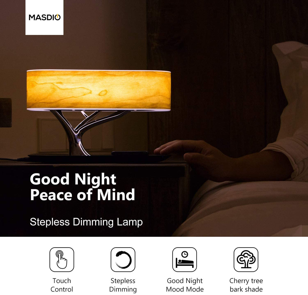 Bedside Lamp with Bluetooth Speaker and Wireless Charger, Sleep Mode Stepless Dimming (Exclusive), QR-8 20W, 5V