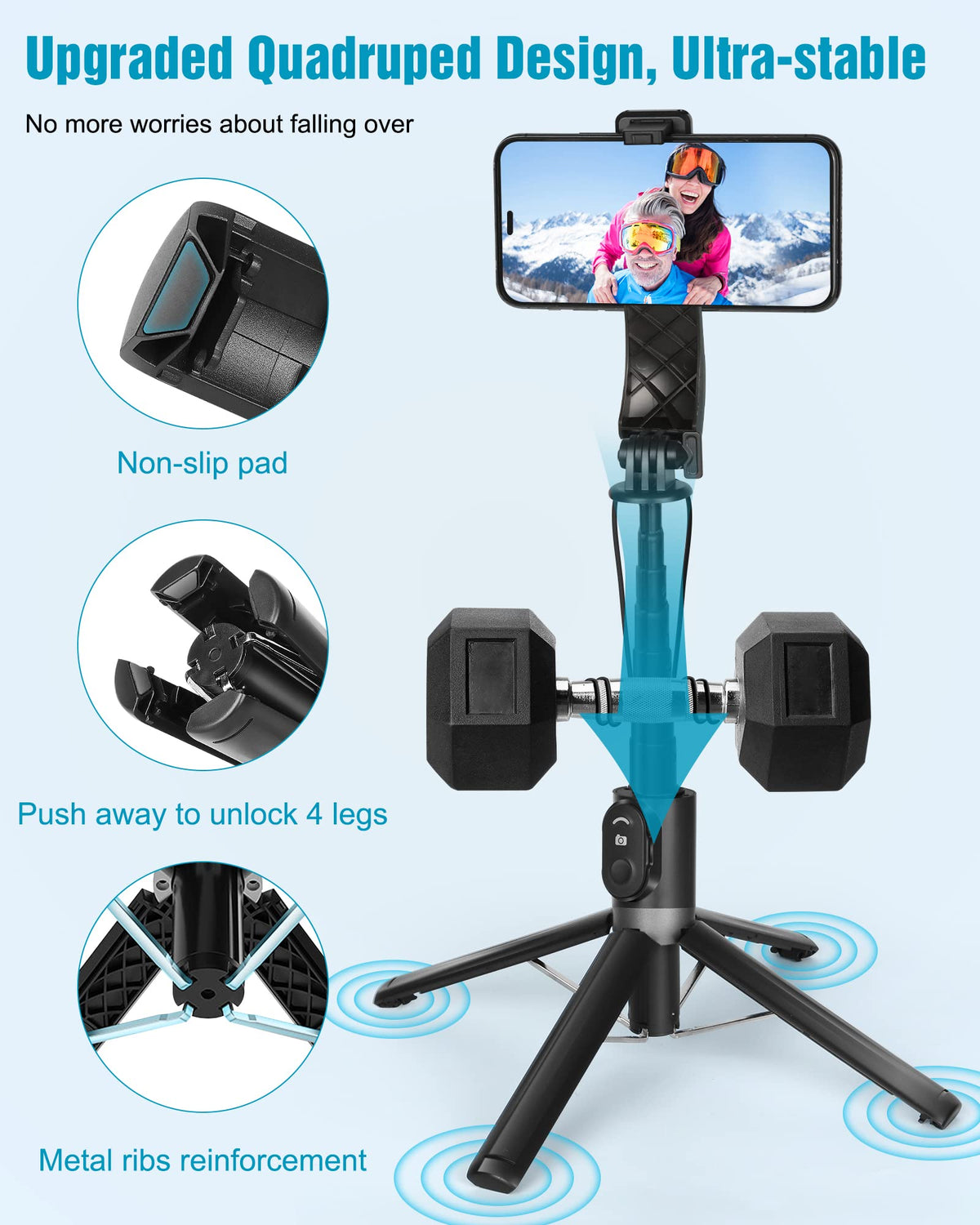 140 cm Quadruped Selfie Stick Tripod with Rechargeable Remote