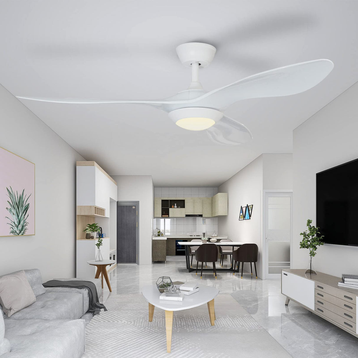 52inch Ceiling Fan with Lights Remote Control, Pure White, Silent Motor for Bedroom,Living Room, Office, Basement, Kitchen, Dining Room 3 Blades