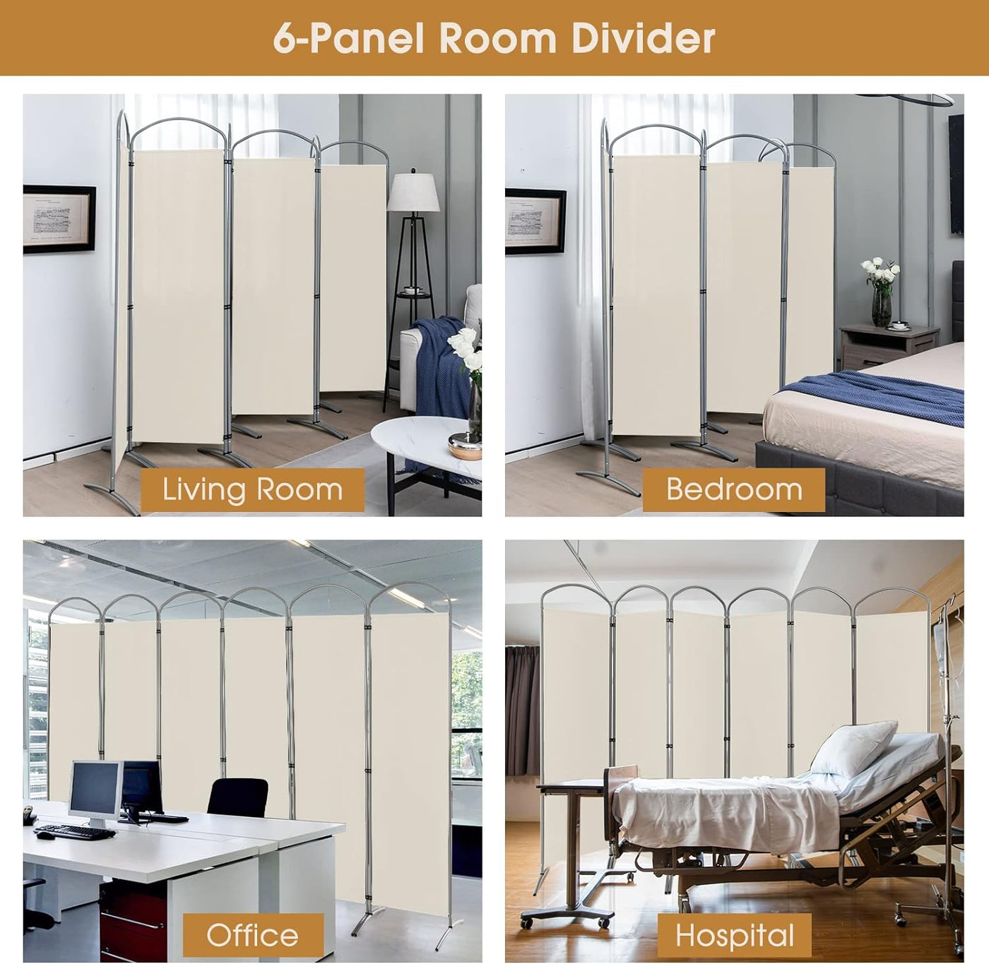 188cm Folding 6-Panel Room Divider – 4 Colours