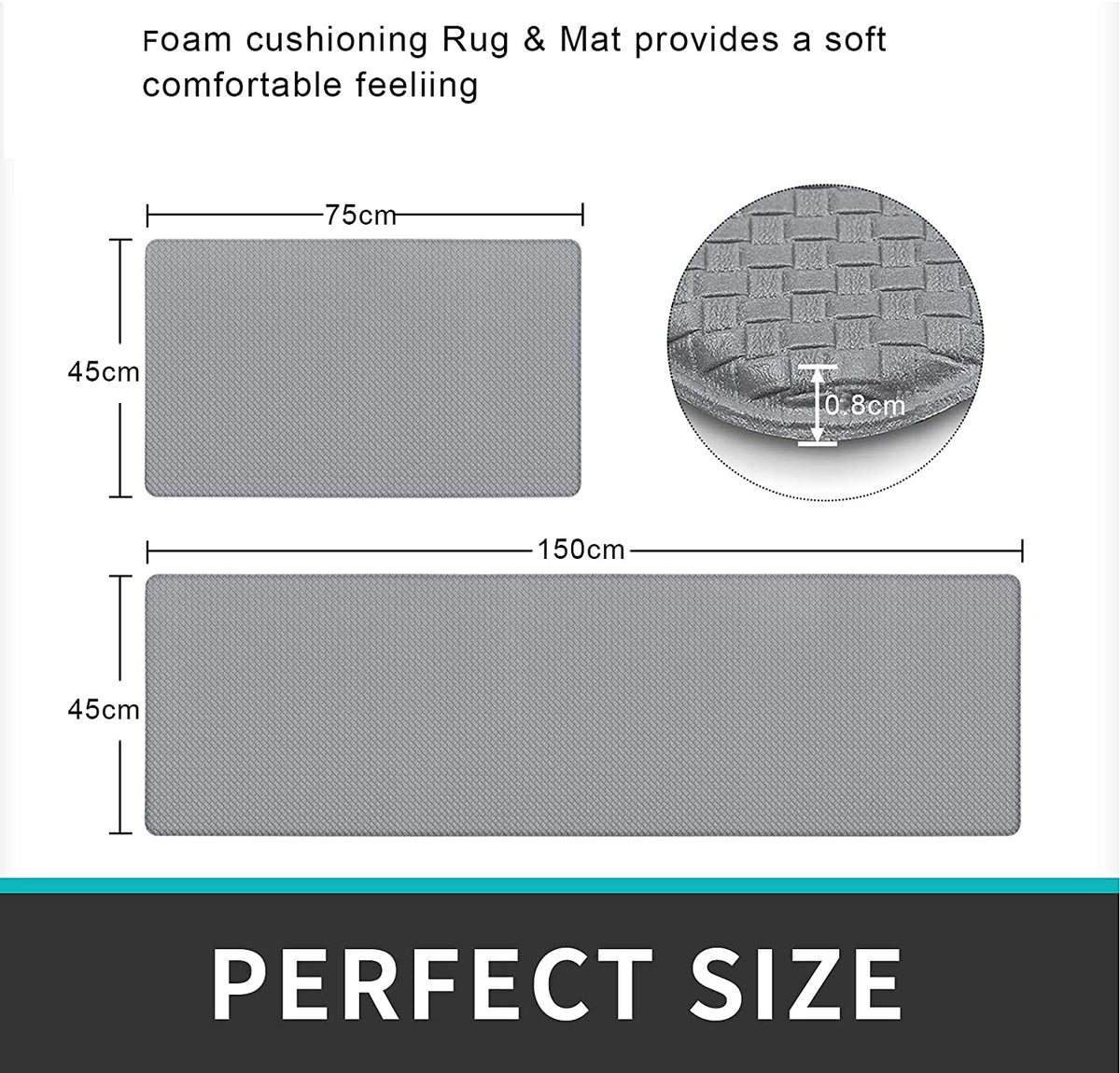Cushioned Kitchen Floor Mat, Non-Slip Waterproof Standing Kitchen Rugs and Mats for Home (45x75+45x150cm, Black/Grey)
