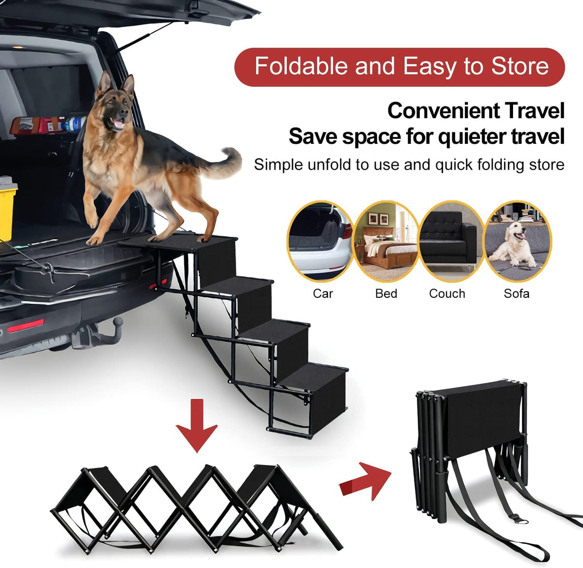 4-Step Folding Dog Car Stairs – 80 kg Capacity