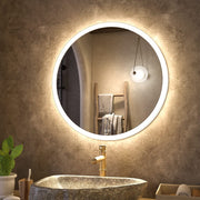 28 Inch Acoustic Control LED Bathroom Mirror, Easy to Install Round Vanity Mirror, Color Temperature Adjustable, Anti-Fog Dimmable Lights, Wall Mounted Mirror with Smart Touch Button
