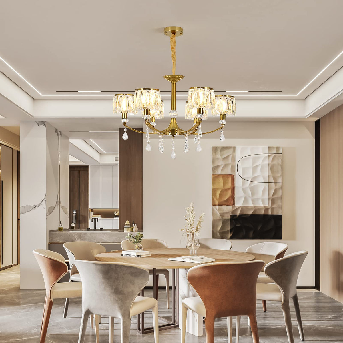 Ganeed Gold Chandelier,6 Lights Wagon Wheel Chandeliers with Clear Crystal Shades,Modern Mid Century Hanging Pendant Light Fixture for Dining Room Living Room Bedroom(E14 Base)