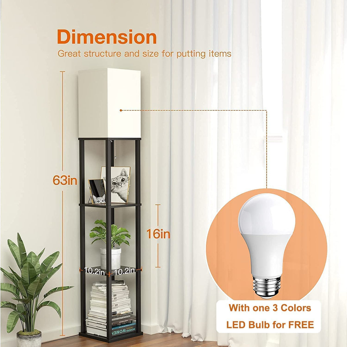 Floor Lamp with Shelves, Lamp for Living Room with Shelf, Floor Lamp Shelf, Floor Lamp with White Lamp Shade, Floor Lamps for Bedroom with Matt Black Real Solid Wood Shelf