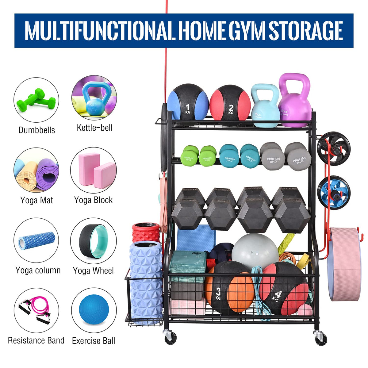 Mythinglogic Dumbbell Rack, Home Gym Storage Weight Rack for Dumbbells, Kettlebells Yoga Mat and Balls, Heavy Duty Sports Storage Rack with Wheels and Hooks, Powder Coated
