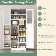 161.5 cm White Pantry Cabinet with Glass Doors & Door Racks