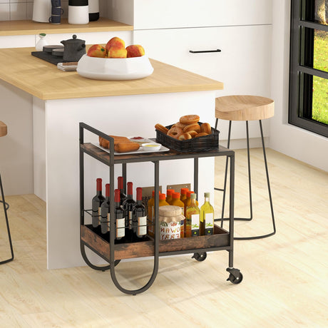 Bar Cart, Liquor Beverage Serving Cart with 6-Bottle Removable Metal Wire Wine Rack, Modern Kitchen Cocktail Cart with Wheels, 2 Tier Kitchen Rolling Bar Carts for Living Room, Rustic Brown
