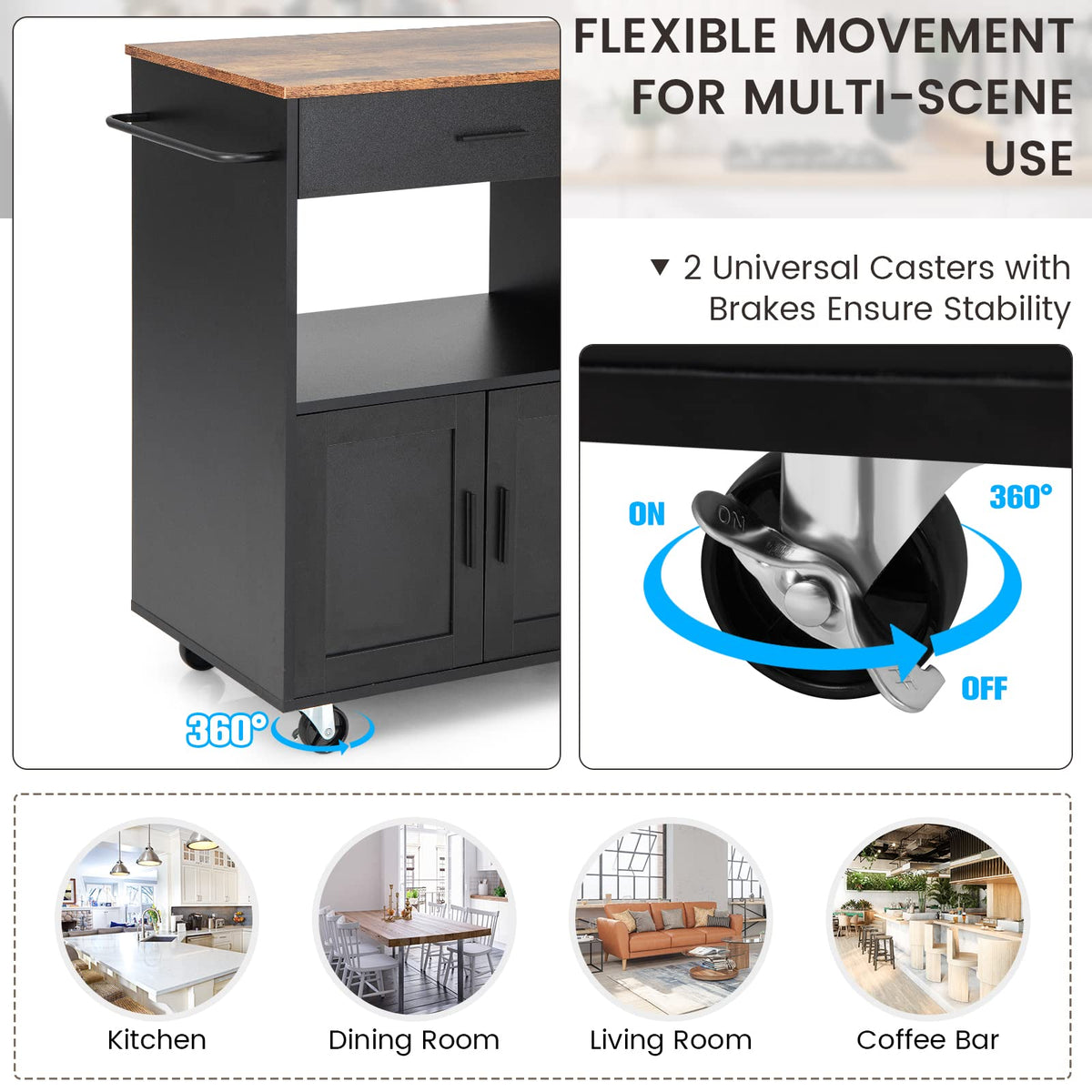 Black Rolling Kitchen Island with 3-Tier Spice Rack