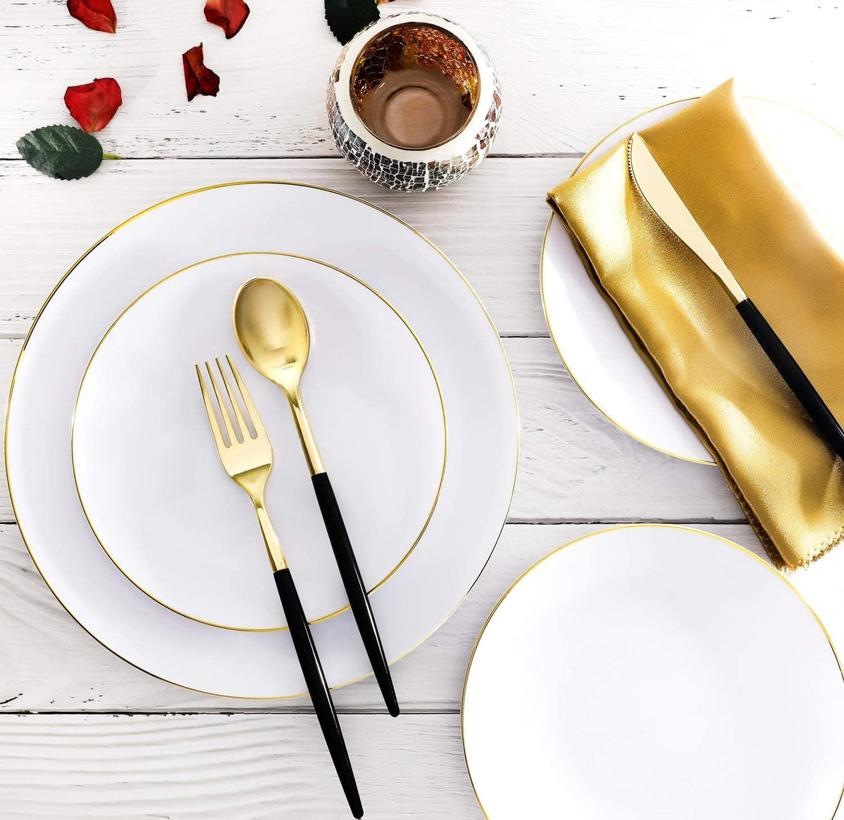 150pcs Gold Dinner Plates,Gold Silverware with Black Handle,White Plates with Gold Rim,Gold Party Plates,Gold and Black Cutlery,Suit for Wedding,Birthday,Party