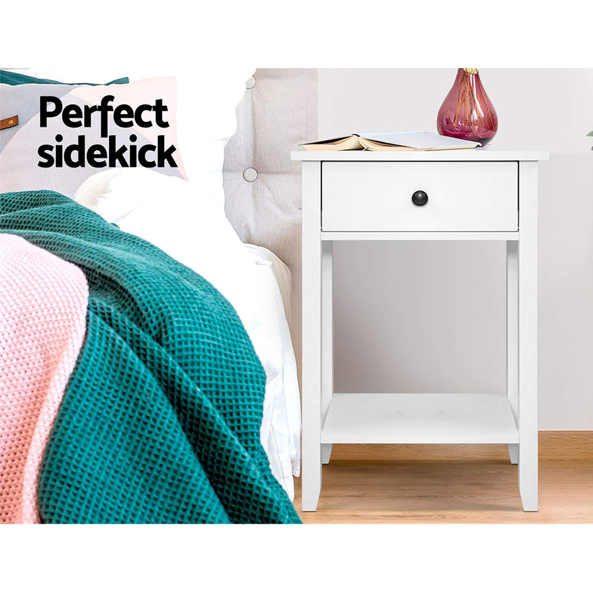 White Bedside Table with Drawer & Shelf
