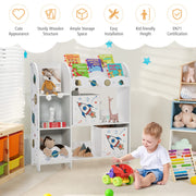 Kids Bookshelf, Wooden Children Storage Display Cabinet Bookcase w/ 5 Open Shelves, 2 Storage Boxes and 3 Slots, Kids Toy and Book Organizer for Playroom, Children’s Room