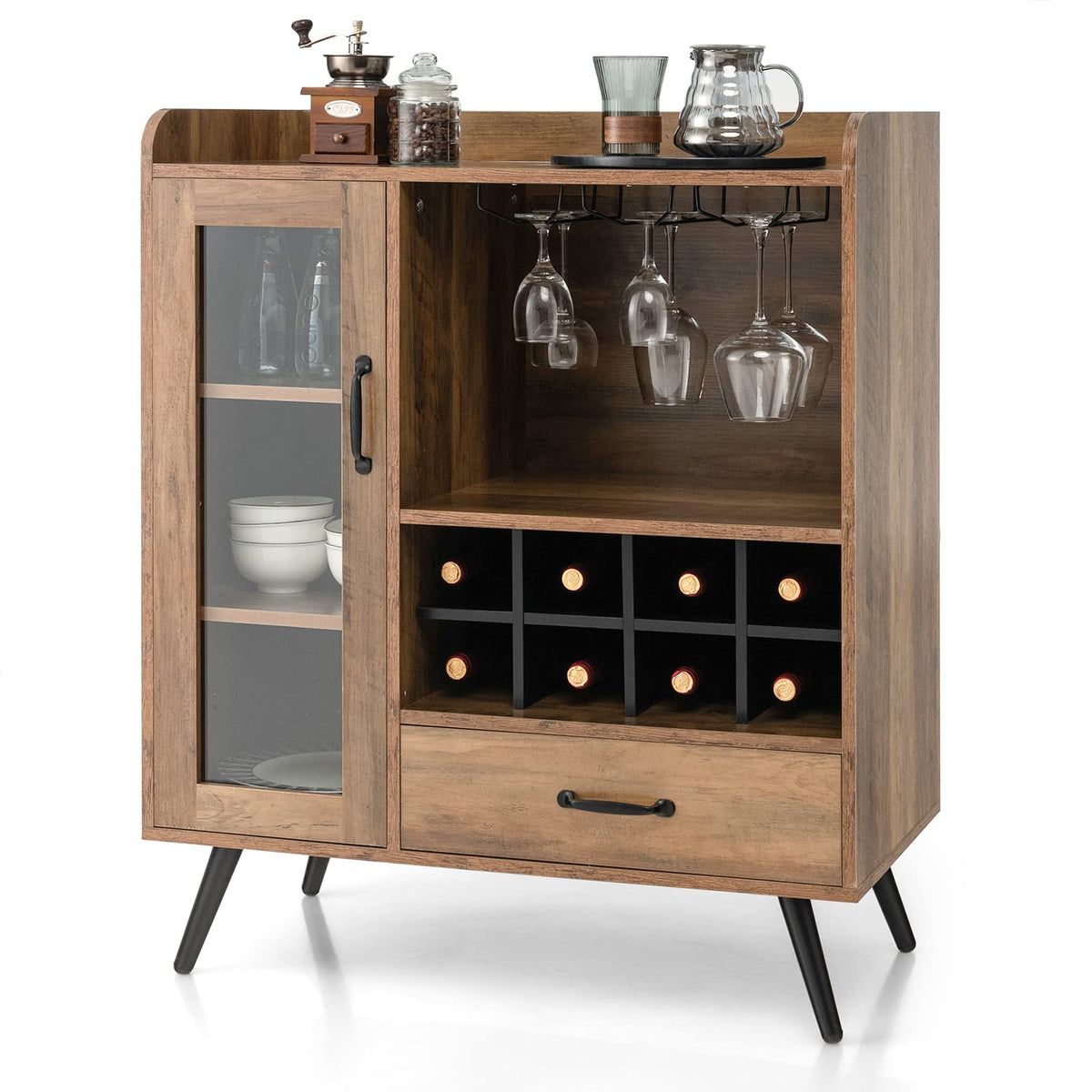 Wine Cabinet, Buffet Sideboard with Removable Wine Rack, Drawer, Shelves, Tempered Glass Door & Glass Holder, Wooden Wine Storage Sideboard for Kitchen, Dining Room, Living Room