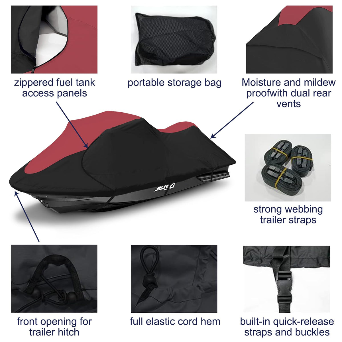 600D Red & Black Jet-Ski Cover for 116–125-Inch PWC