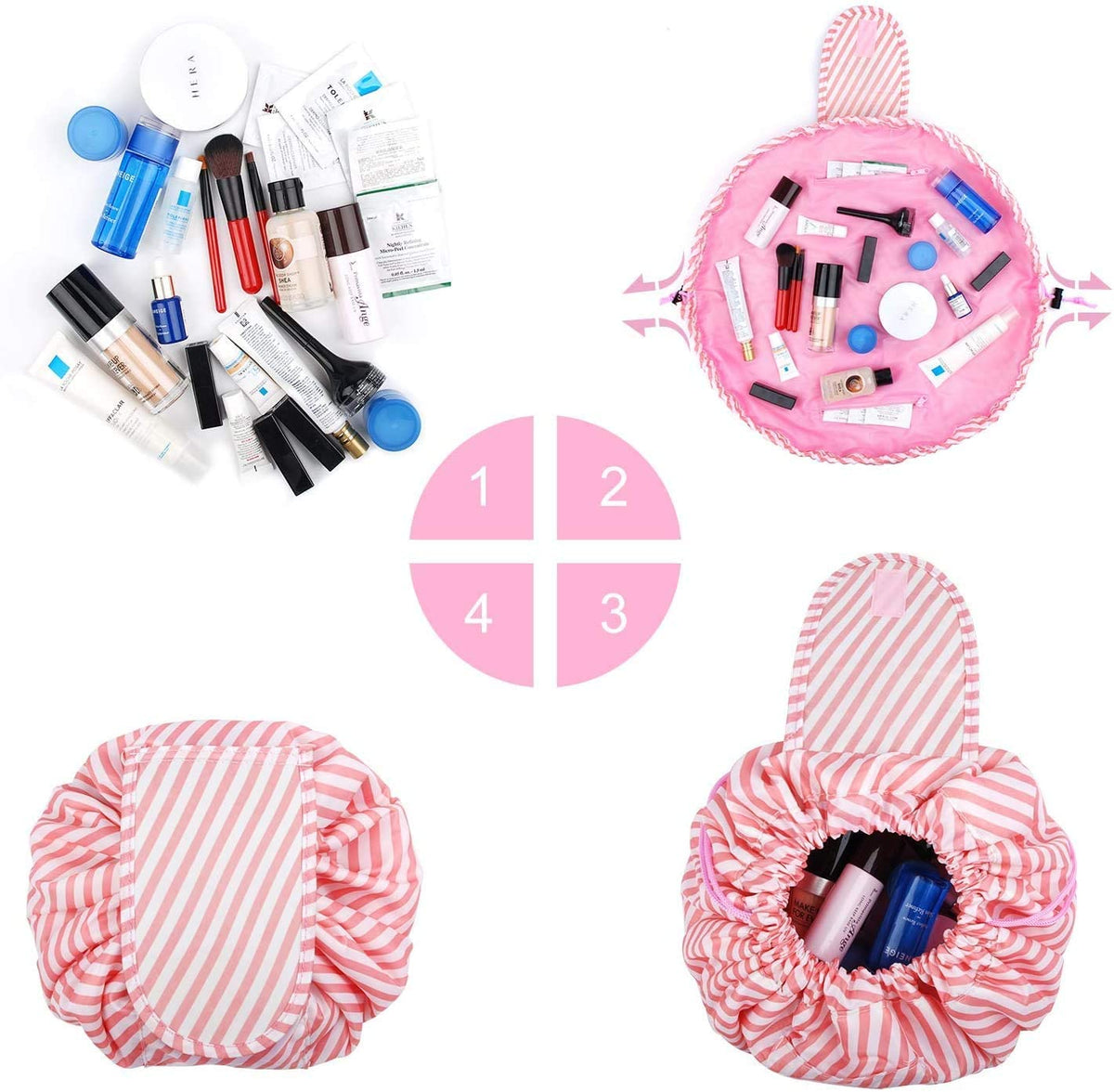 Pink-Stripe Drawstring Makeup & Toiletry Bag