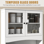 Tall Storage Cabinet, Freestanding Kitchen Pantry w/Microwave Stand & 2 Drawers, Adjustable Shelves, Tempered Glass Doors, Cable Hole for Living Room, Dining Room (White)