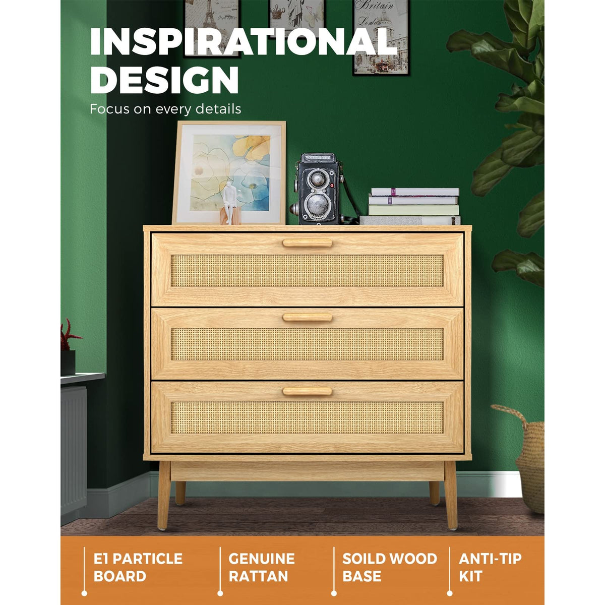 3-Drawer Rattan Tallboy Storage Cabinet