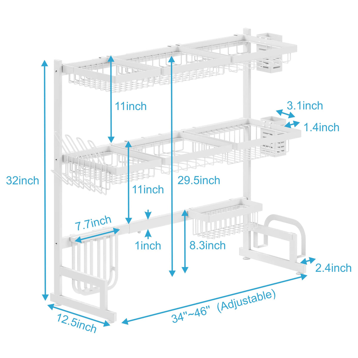 86–113 cm White 3-Tier Over-Sink Dish Drying Rack