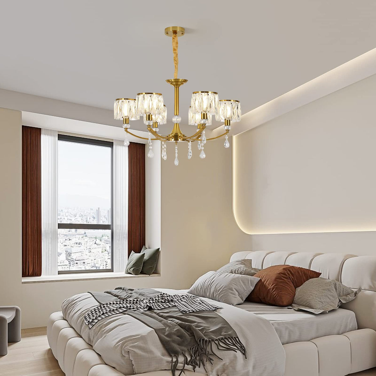 Ganeed Gold Chandelier,6 Lights Wagon Wheel Chandeliers with Clear Crystal Shades,Modern Mid Century Hanging Pendant Light Fixture for Dining Room Living Room Bedroom(E14 Base)