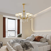 Ganeed Gold Chandelier,6 Lights Wagon Wheel Chandeliers with Clear Crystal Shades,Modern Mid Century Hanging Pendant Light Fixture for Dining Room Living Room Bedroom(E14 Base)