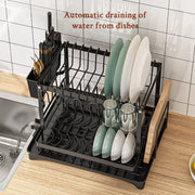 42 cm Black 2-Tier Dish Rack with 360° Drain Spout
