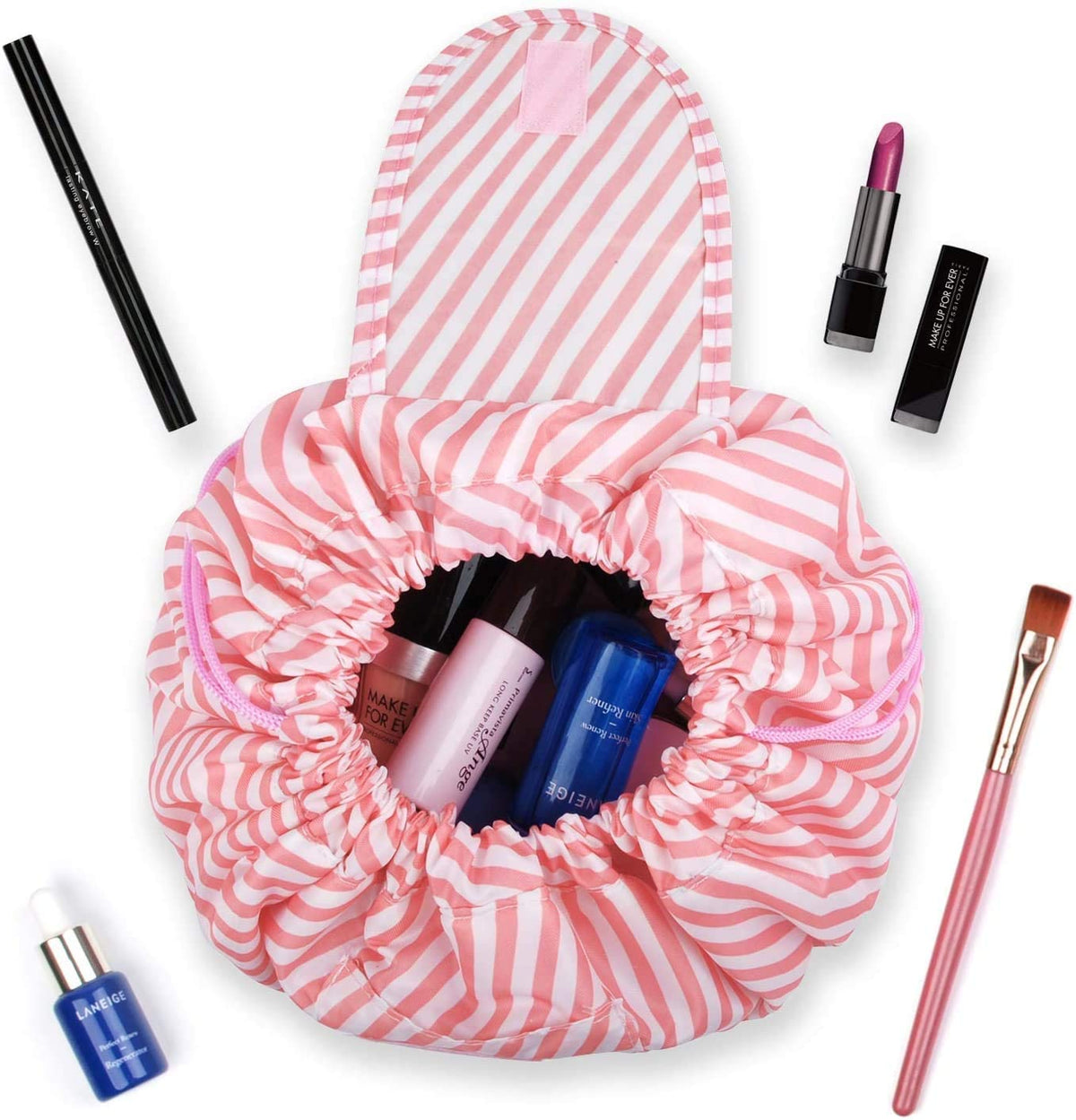 Pink-Stripe Drawstring Makeup & Toiletry Bag