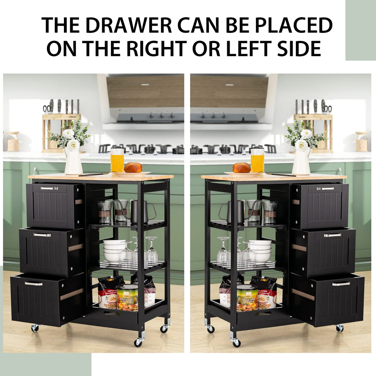 Black Rolling Kitchen Island with 3 Drawers & Tray