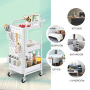 White 3-Tier Pegboard Utility Cart with Bins & Hooks