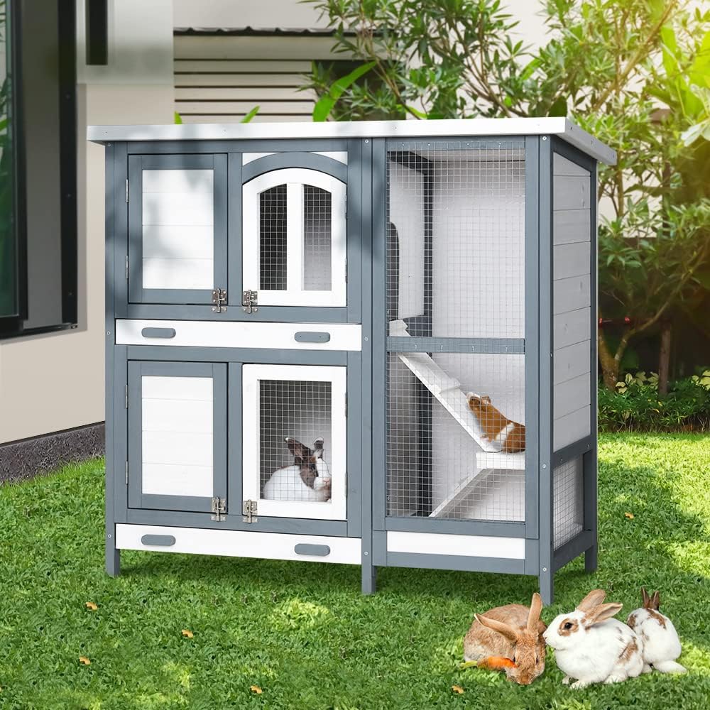 Multi-Level Fir-Wood Small-Animal Hutch with 2 Trays – 98 × 45 × 92 cm