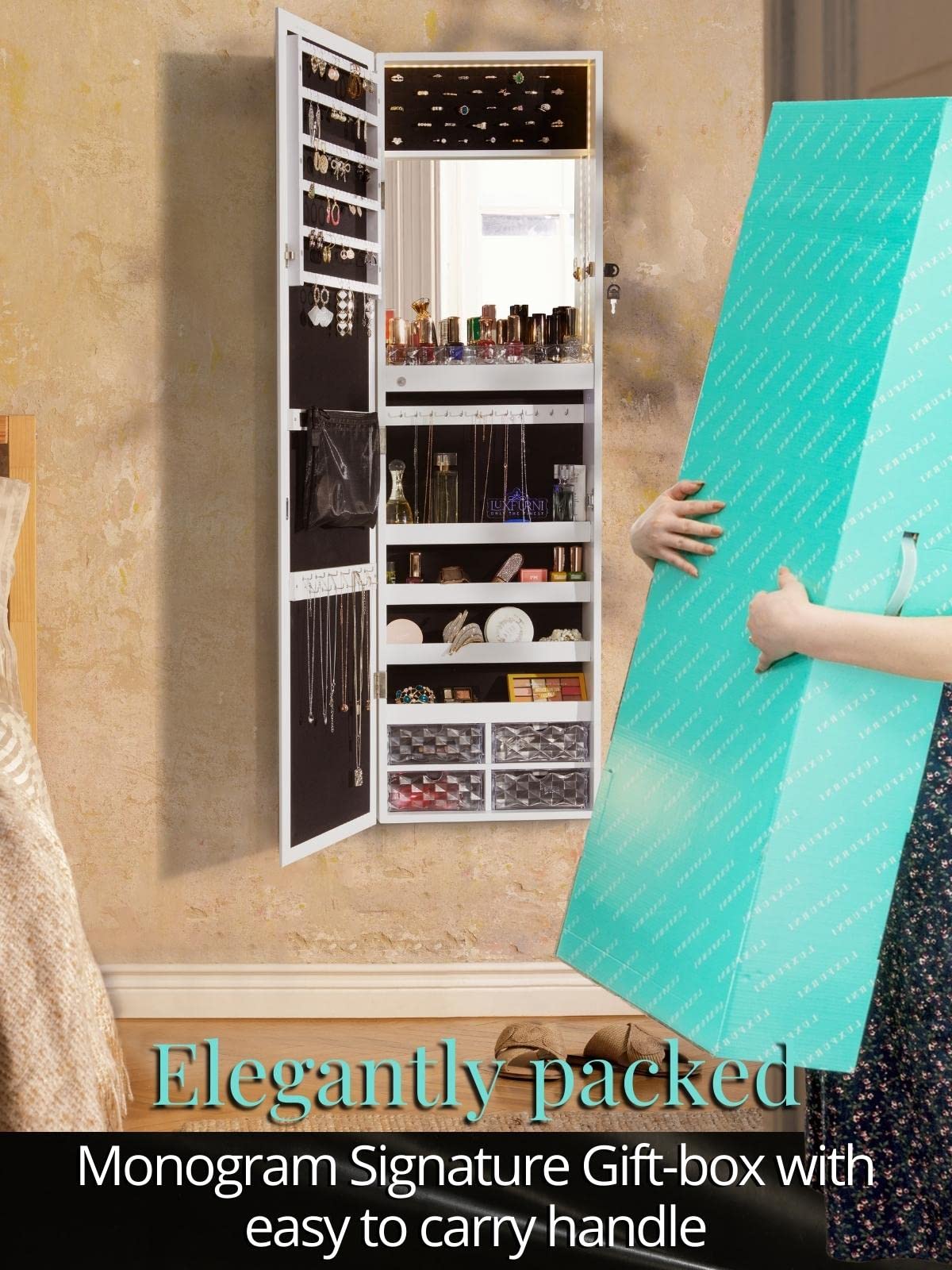 LUXFURNI 79-LED Lockable Mirror Jewellery Cabinet – Wall or Door Mount