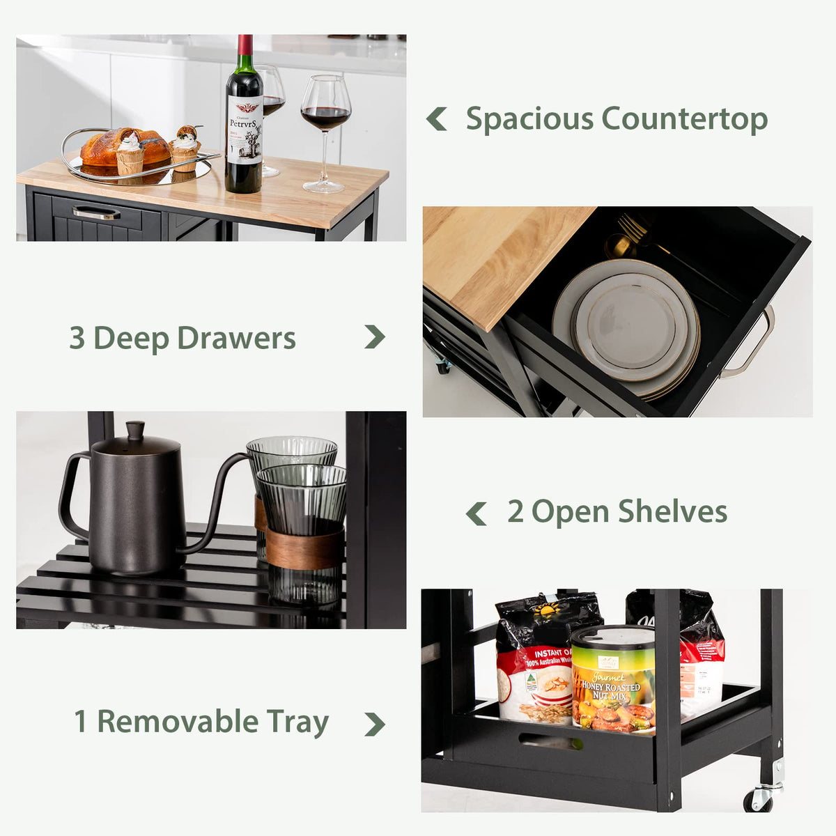 Black Rolling Kitchen Island with 3 Drawers & Tray