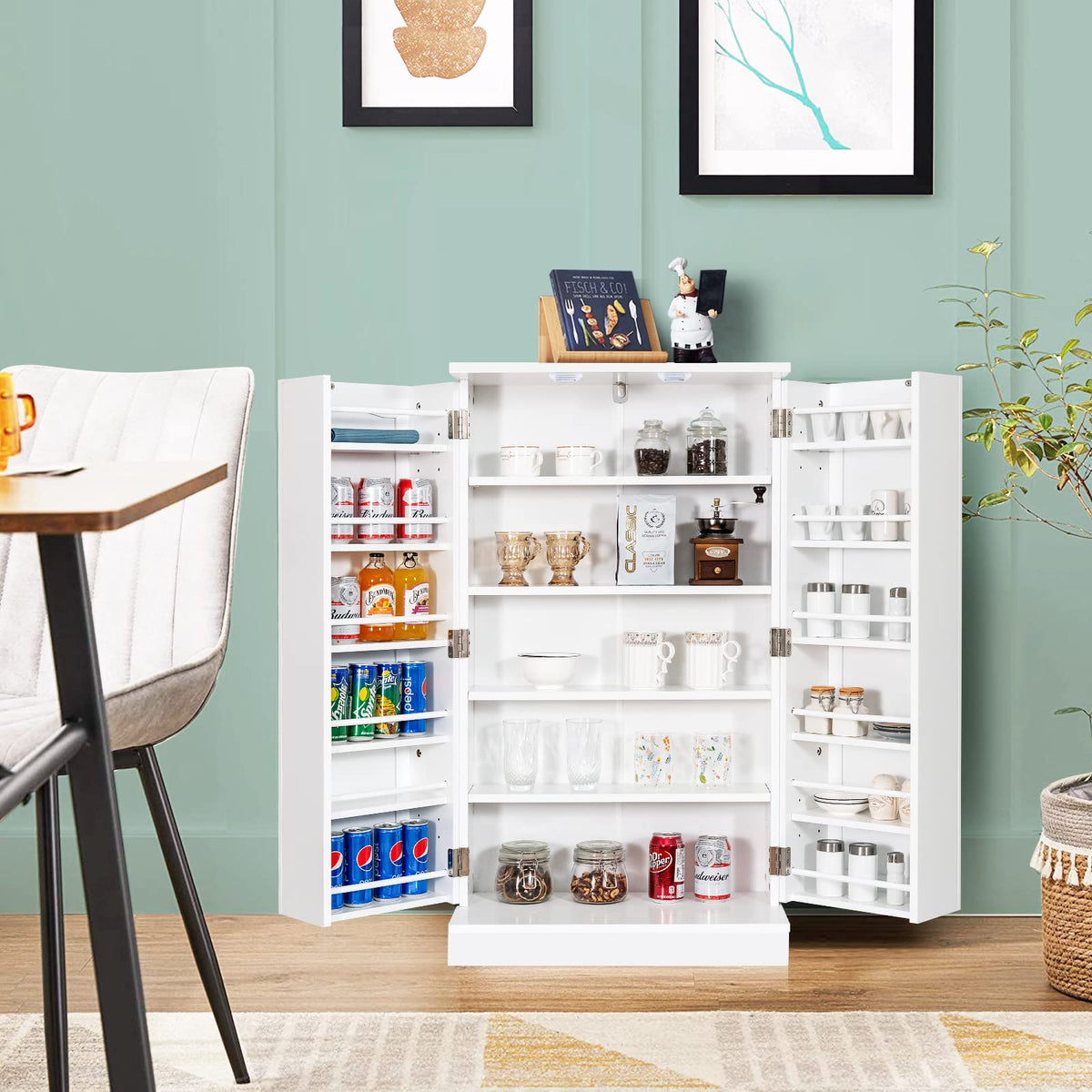 103 cm White 2-Door Pantry Cabinet with 6 Adjustable Shelves