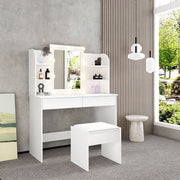 Luxsuite Dressing Table Stool Set with Led Light Makeup Vanity Table 2 Drawers Storage Shelves Mirror White
