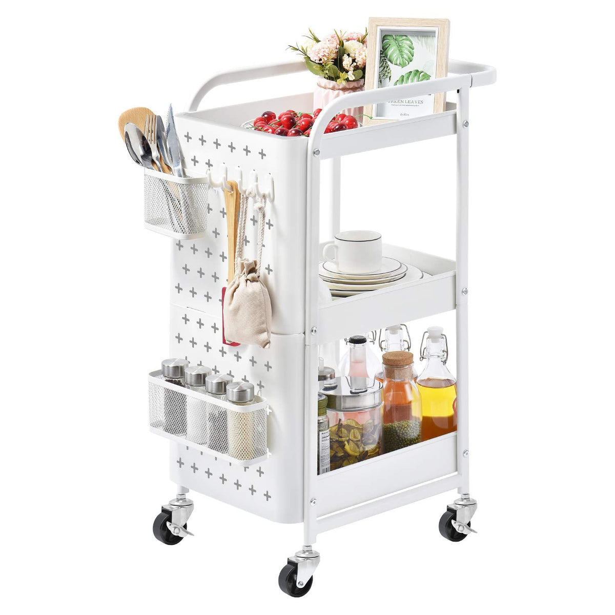 White 3-Tier Pegboard Utility Cart with Bins & Hooks
