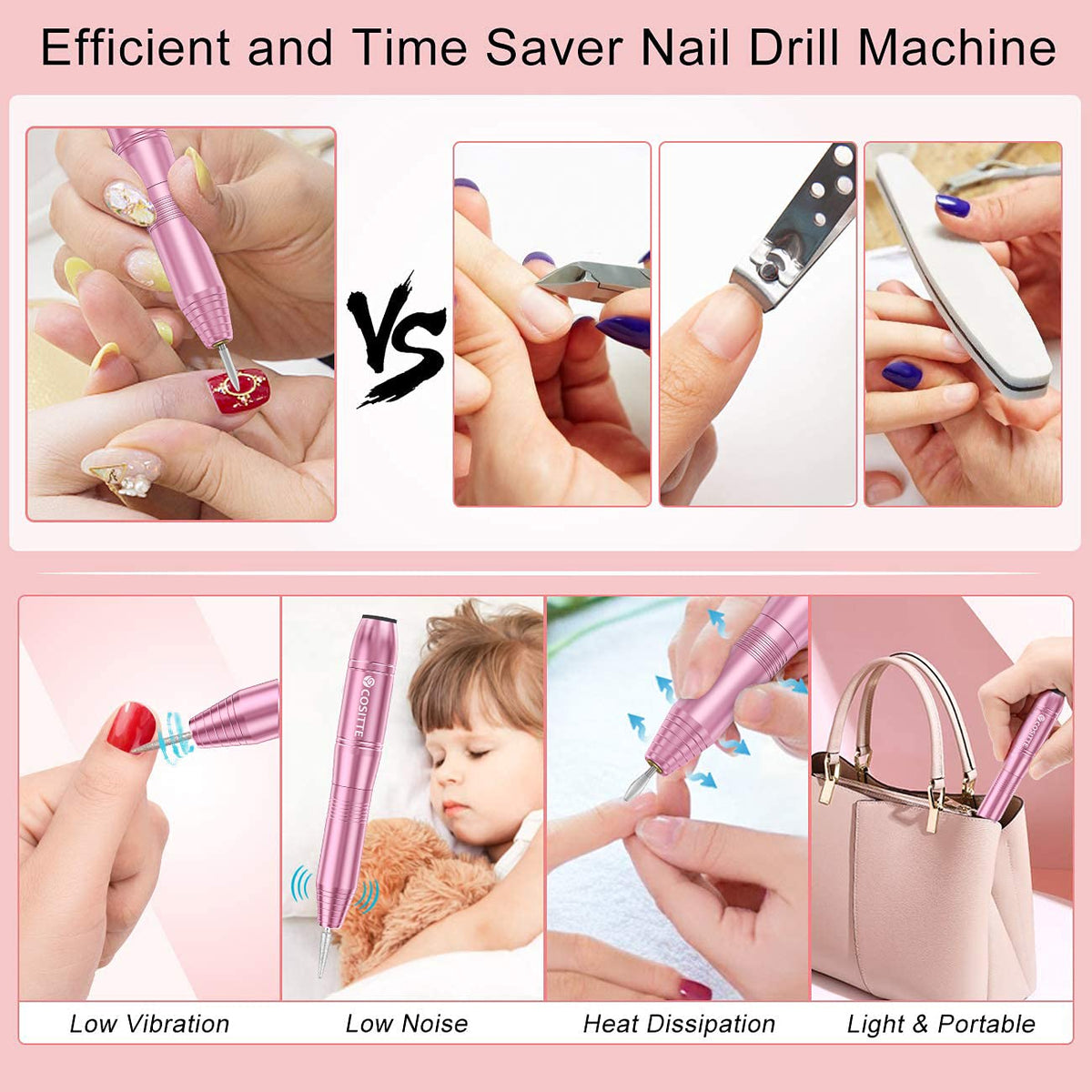 COSITTE USB Electric Nail Drill Kit – Pink, 20,000 rpm