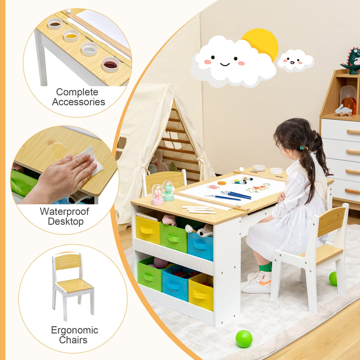 Kids Table and Chairs Set, 2 in 1 Wooden Art Table & Easel Set for Children with 2 Chairs, 6 Storage Bins, Paper Roller, Paint Box, Toddler Table Chairs Set for Playing Painting Learning