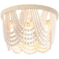 Wood Beaded Chandelier Flush Mount Ceiling Light,Farmhouse Antique White with Hemp Rope Mini Pendant Light Fixture for Bedroom,Hallway, Entryway, Passway, Dining Room,3-Light