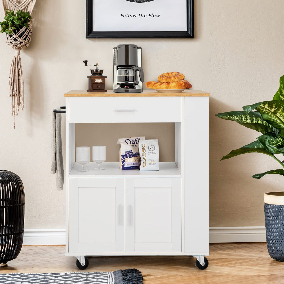 White Rolling Kitchen Island with 3-Tier Spice Rack