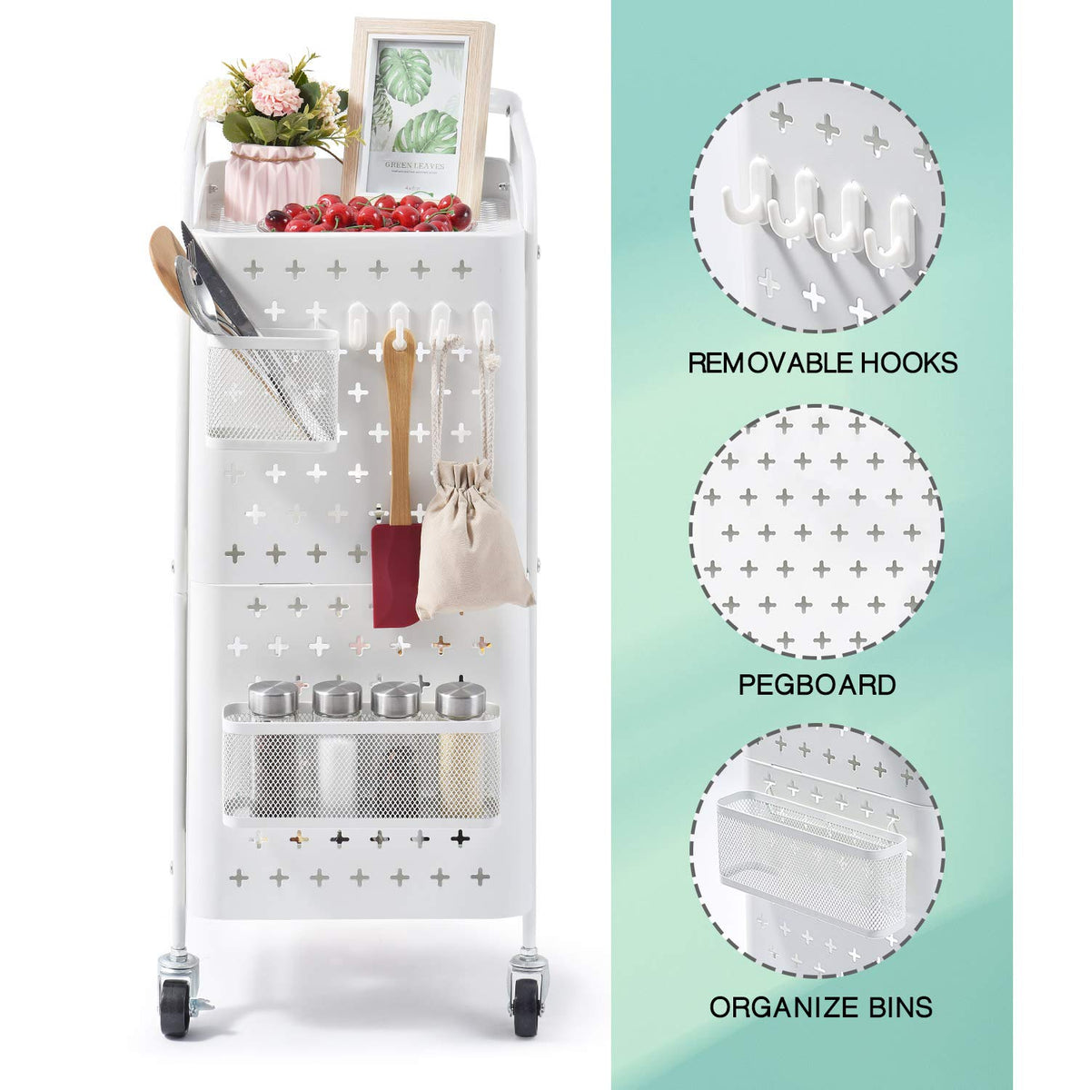 White 3-Tier Pegboard Utility Cart with Bins & Hooks