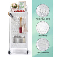 White 3-Tier Pegboard Utility Cart with Bins & Hooks