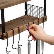 Rustic Torched Wood Kitchen Storage Shelf Wall Mount Organizer Stand with 8 Hanging Removable Hooks and 2 Shelves