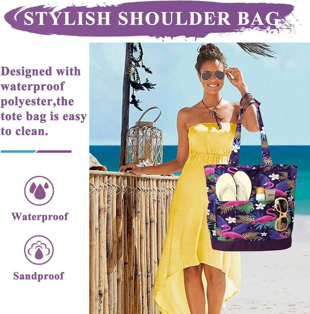 Beach Bag for Women,VASCHY Lightweight Large Water Resistant Sandproof Fold-able Packable Pool Tote Bag w Zipper/Pockets for Vacation