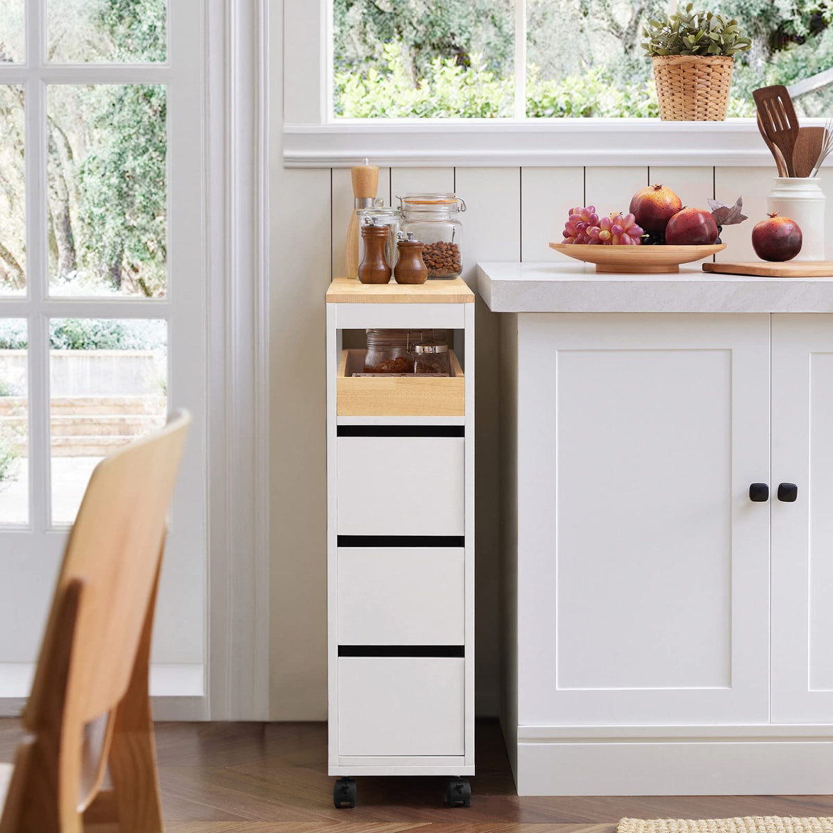 Storage Cart Narrow Cabinet on Wheels Storage Cabinet with 1 Removable Tray and 3 Drawers