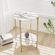 2-Tier Sintered-Stone Side Table – White & Gold