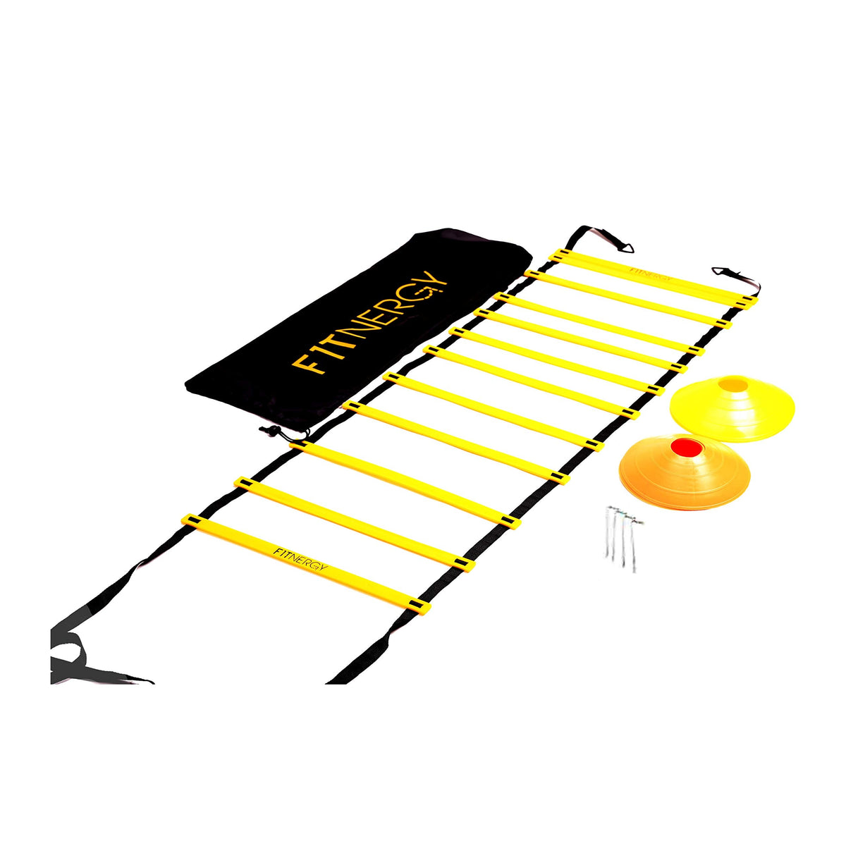 Speed and AGILITY LADDER Training Equipment by F1TNERGY - Orange 12 Rung Ladder FREE Carrying BAG + 10 Speed CONES (5 Orange + 5 Yellow) + 4 Pegs &amp; D-Rings - SOCCER TRAINING Football Gear Hockey Mask